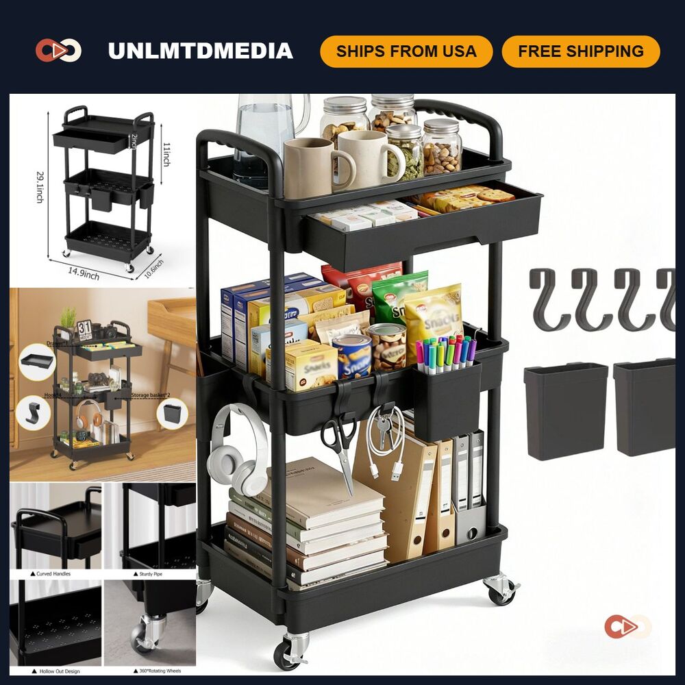 3-Tier Rolling Utility Cart with Drawer, Wheels & Hooks - Storage Organizer for